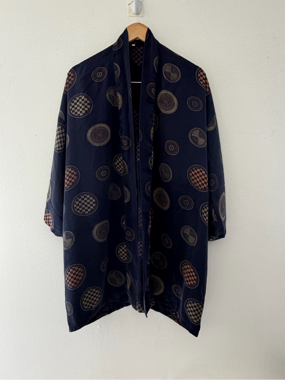Vintage Zhen Long Golden Dragon Silk Kimono Robe Geometric Medallions Navy OS